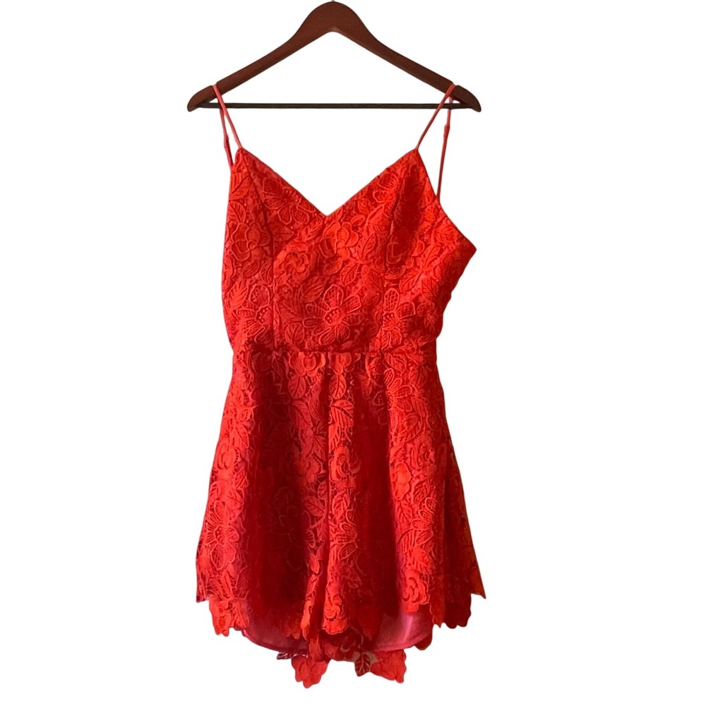 Lovers +‎ Friends Red Lace Romper Open Back Tie Spaghetti Strap Medium